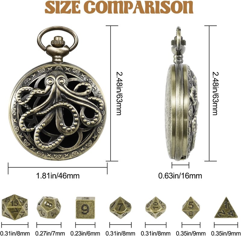 banloga D&D Dice Set,7PCS Metal Dice for Dungeons and Dragons,Mini Dice Set with Pocket Watch Case,Role Playing Board Games Accessories (Octopus, Bronze) - Image 2